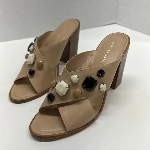 Loeffler Randall Etta Tan Leather Jeweled Block Heel Open Peep Toe Mules Size 11 - Picture 3 of 10
